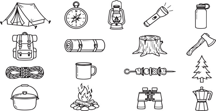 Set of black and white camping equipment icons illustrated as a vector on transparent background