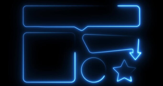 Set of neon signs, arrow, rectangle, square, circle and star. Neon light frame, Motion graphics of neon line object