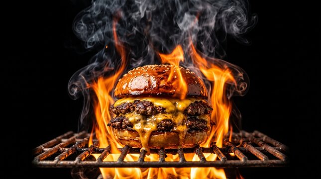 Flame grilled double cheeseburger on BBQ rack, juicy beef burger with melting cheese and fire, hot smoke and flames on black background