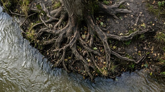 Tree roots gripping riverbank edge, aerial view