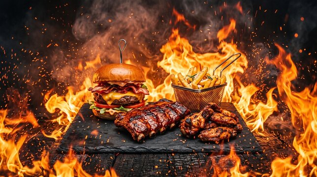 Flame grilled BBQ platter with double cheeseburger, smoked pork ribs and chicken wings. Hot spicy fast food meal on fire background. Gourmet barbecue feast.