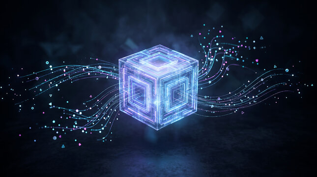 A glowing 3d geometric cube with abstract light trails and floating particles in a dark environment representing digital data and technology