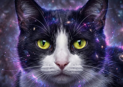 A mystical, artistic portrait of a black and white cat, whose fur is seamlessly blended with a vibrant deep-space nebula, sparkling stars, and galaxies. The cat's piercing yellow-green eyes create a s