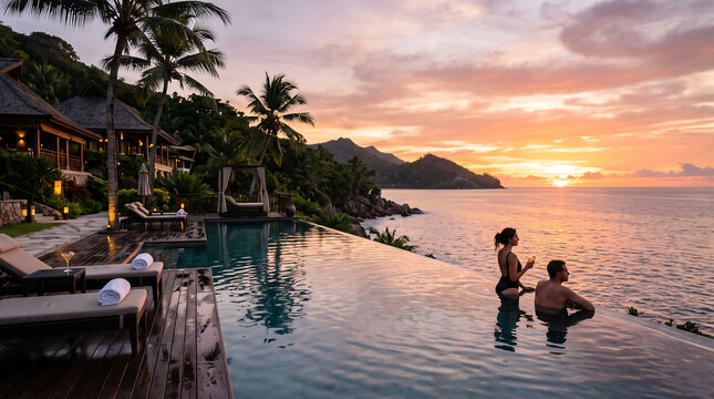 A couple relaxing in an infinity pool at a tropical resort during a golden sunset with palm trees and ocean views in the background scenery