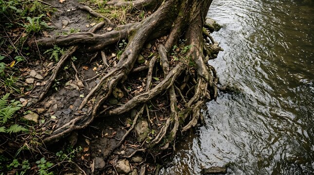 Tree roots gripping riverbank edge, aerial view