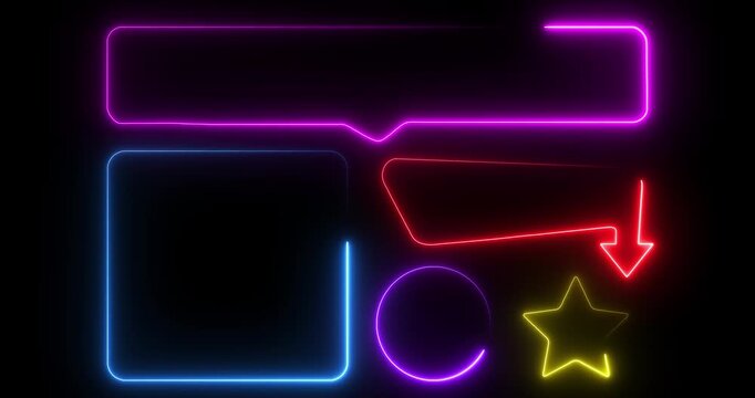 Set of neon signs, arrow, rectangle, square, circle and star. Neon light frame, Motion graphics of neon line object