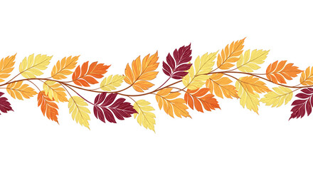 Seamless horizontal border of colorful autumn leaves on a winding vine for seasonal decorations and greeting cards. © Mr