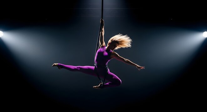 Aerialist performing acrobatic pose on rope in dark studio
