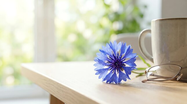 Close up photograph of a bright blue cornflower with water droplets lying next to eyeglasses and a ceramic mug on a wooden tabletop
