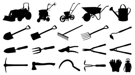 Black garden tools and farming equipment set isolated on transparent background, Vector © Md