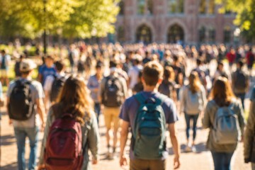 Obraz premium Blurred crowd of college students with backpacks walking on university campus