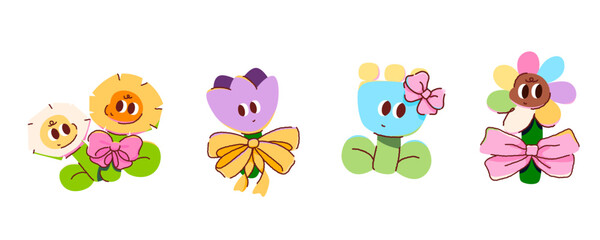 Fototapeta premium Cute cartoon flower characters set with smiling faces and ribbons, pastel crayon texture vector illustration.