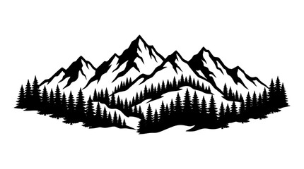 Fototapeta premium Cad tree line Mountain range, snow-capped peaks, pine trees, landscape icon isolated on White Background vector
