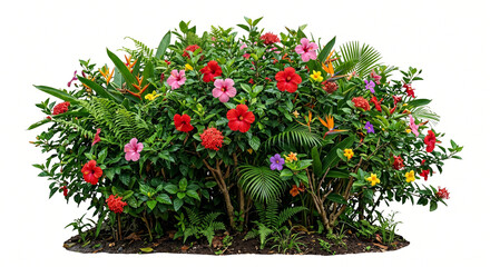 Fototapeta premium Ultra realistic tropical garden bush with flowers, lush foliage details, isolated on white background, landscaping decoration