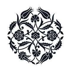 Ottoman floral motif vector, traditional Turkish tulip and carnation ornament, black iznik ceramic pattern design © Syeda