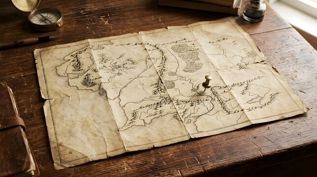 Vintage paper map on wooden table with pin 
