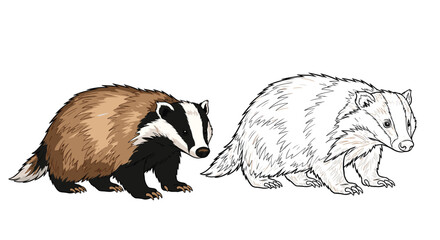 Illustration of two badgers standing side by side with one in full color and the other as a detailed black and white sketch. © Mr