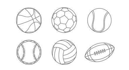 Fototapeta premium Collection of Outline Sports Balls: Basketball, Soccer, Tennis, Baseball, Volleyball, and Football in Line Art Style, isolated white background.