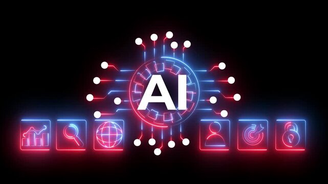 Artificial intelligence logo with glowing red and blue digital network lines and futuristic data icons for tech concepts and modern computer software interface design on a dark black background