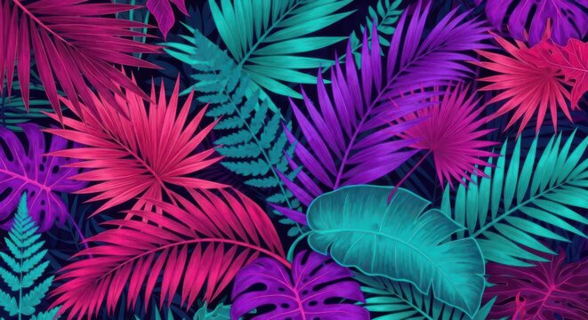 Vibrant neon tropical palm leaves in bright blue pink and purple colors pattern