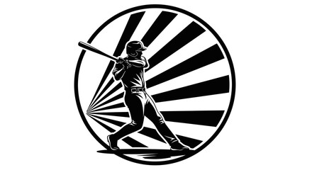 Baseball player hitting a ball in a circular emblem with radiating lines on isolated white background © Kadita