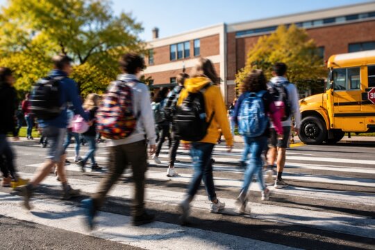 Students walking to school in morning, blurred motion of children crossing street