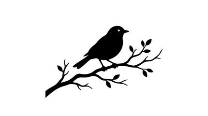 Fototapeta premium Cad tree line Black bird silhouette, perched on branch, vector icon, wildlife symbol, nature emblem isolated on White Background vector