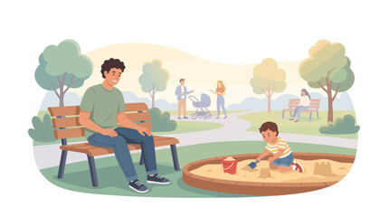 Fototapeta premium Father watches son play in sandbox at park with other families enjoying the day