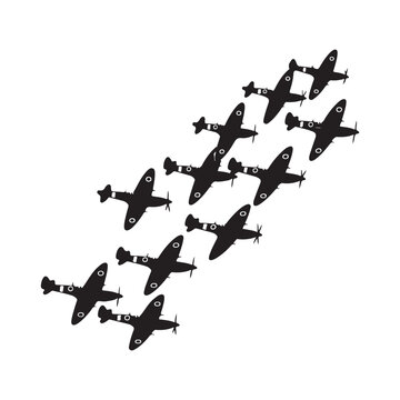 Black silhouette of vintage propeller fighter planes flying in formation vector graphic for military aviation and historical design