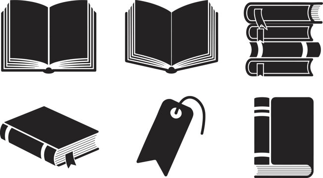 Books silhouette vector icons set, black educational symbols with open textbook, stack and tag.