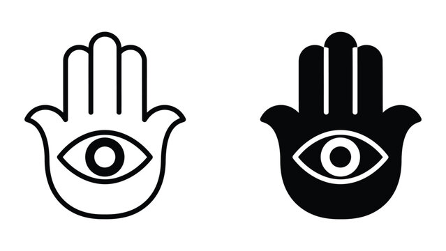 Professional Minimal Vector Icon Hamsa hand with eye symbol vector icon set Editable Stroke, Outline and Solid Style, Black Monochrome, Isolated on White Background