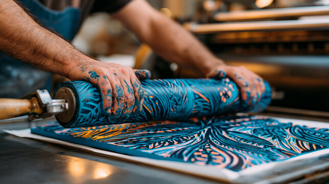 Linocut printmaker pressing a carved rubber block onto dampened paper at a studio press, ink-stained palms rolling a brayer with steady force, original artwork emerging in bold relief lines, the pri