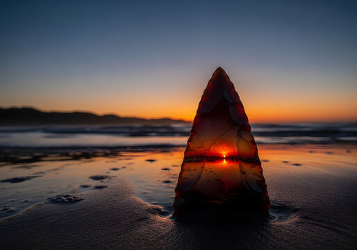 Ancient stone arrowhead lithic tool reflecting a vivid sunset on a beach, isolated on transparent background for creative design projects.