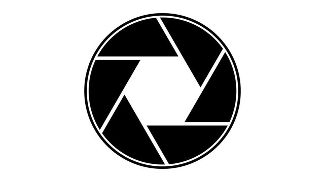 Black and white camera shutter icon showing a round lens aperture mechanism symbol for photography and video recording design elements in a simple minimalist flat graphic style for creative projects