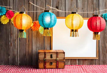 Fototapeta premium Colorful paper lanterns and wooden chests on table with blank frame
