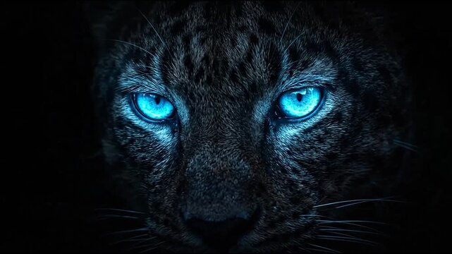 Close-up of leopard face with glowing blue eyes.