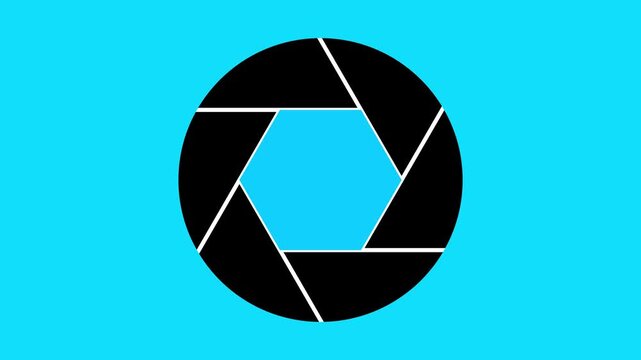 Black camera shutter aperture icon isolated on a bright blue background representing photography and focus