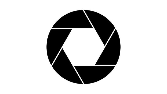 Black camera shutter icon representing photography and aperture control for professional digital cameras and optical lenses used by photographers for taking pictures and recording high quality video