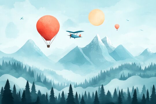 Whimsical illustration of hot air balloons and a small plane flying over misty blue mountains
