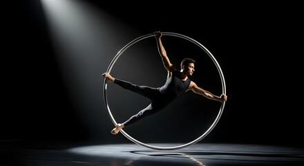 Obraz premium Male acrobat performing in aerial hoop under spotlight