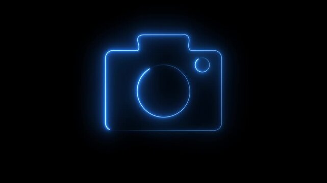 Glowing blue neon camera icon outline on a dark black background showing photography symbol for digital media and creative studio branding design element for website interface or social media app