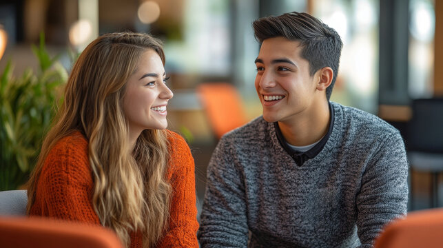 Young professionals smiling at each other in a modern office during a collaborative meeting