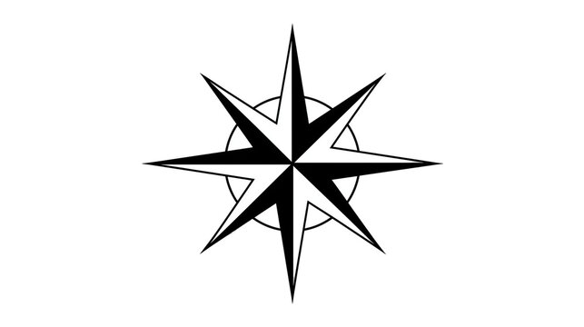 Black eight-pointed star compass rose, isolated on transparent background