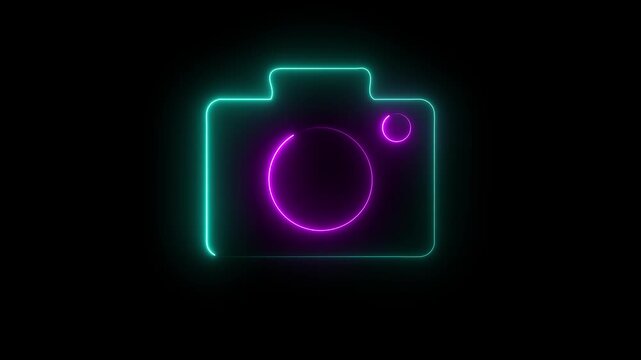 Neon glowing camera outline icon with vibrant blue and purple light lines on a dark black background