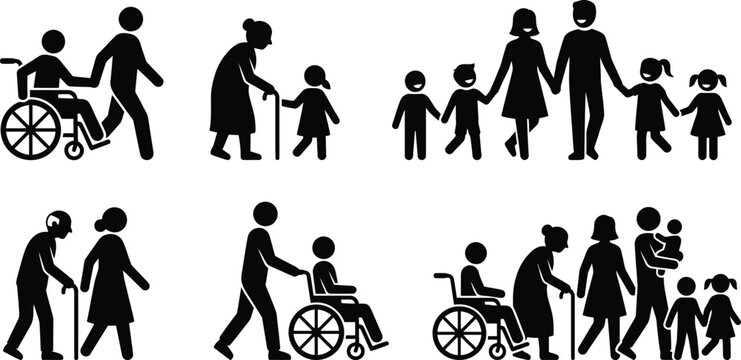 Set of 6 inclusive family silhouette vectors showing detailed stick figures for beautiful community designs without any bad or hostile social exclusion.