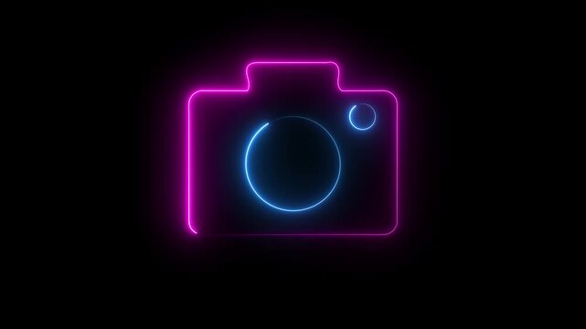 Neon camera icon with glowing purple and blue lines on a dark background representing photography and digital media creativity for modern web design and social media graphics projects and concepts