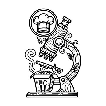 Microscope analyzing food with chef hat and noodle box icon