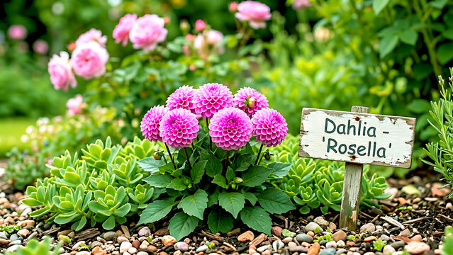 Pink dahlia rosella flowers in a garden bed with sign