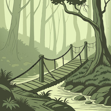 Wooden bridge over a small stream in a dense forest with trees and plants, environment