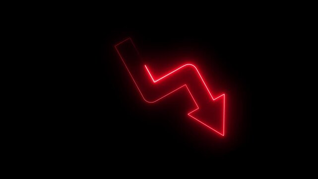 Glowing red neon arrow pointing down in a zigzag shape on a dark black background